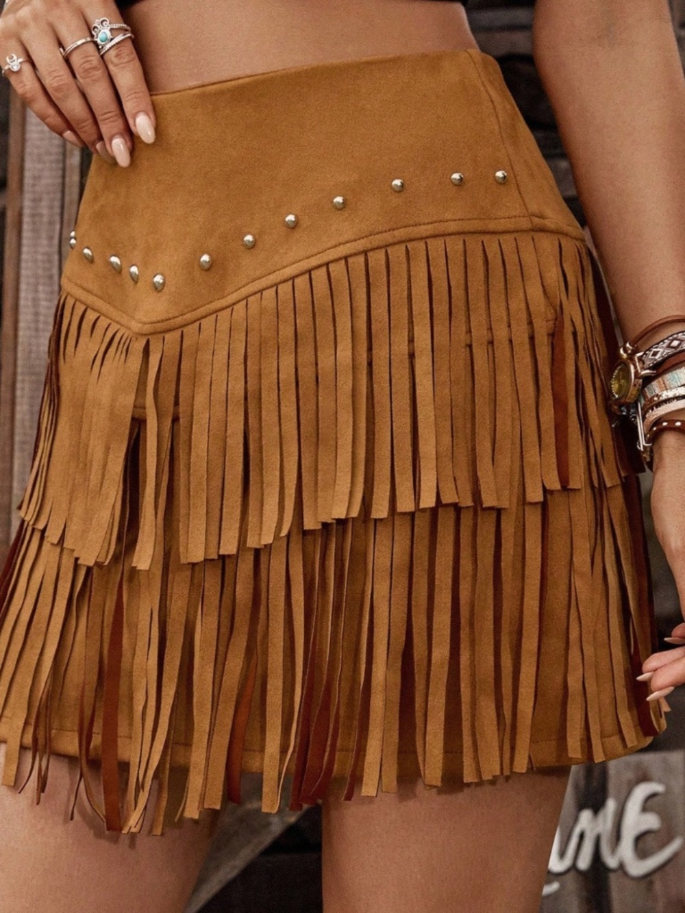 Western Vegan Suede Studded Tassel Detail Skirt - Picture 2 of 5